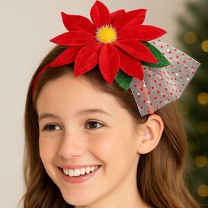 Festive Red Sparkle Poinsettia Holiday Headband Tulle Polka Dot Hair Accessory